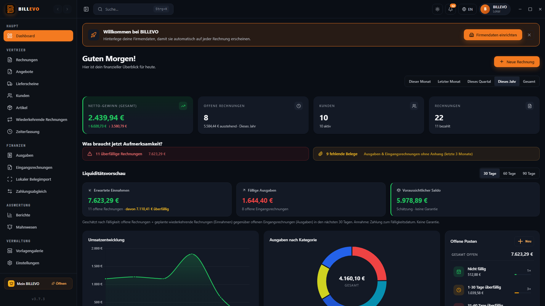 BILLEVO Dashboard auf dem Desktop